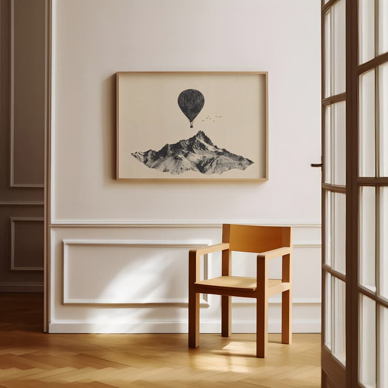 Room view with a full frame of A minimalist graphite sketch, a hot air balloon over a mountain