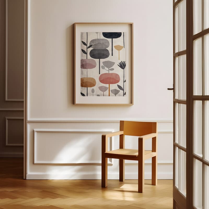 Room view with a matted frame of A minimalist textile print, simple pattern