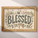 Full frame view of A vintage linocut print, the words "BE BLESSED" with a vine