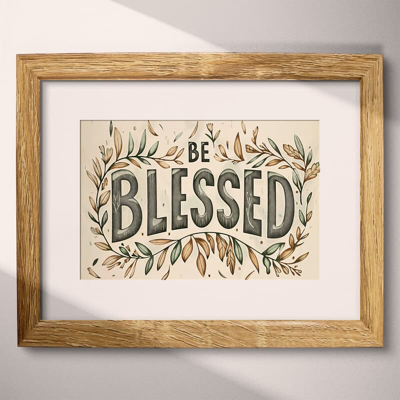 Matted frame view of A vintage linocut print, the words "BE BLESSED" with a vine