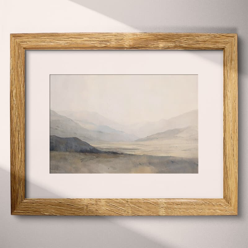 Matted frame view of A japandi oil painting, mountain landscape