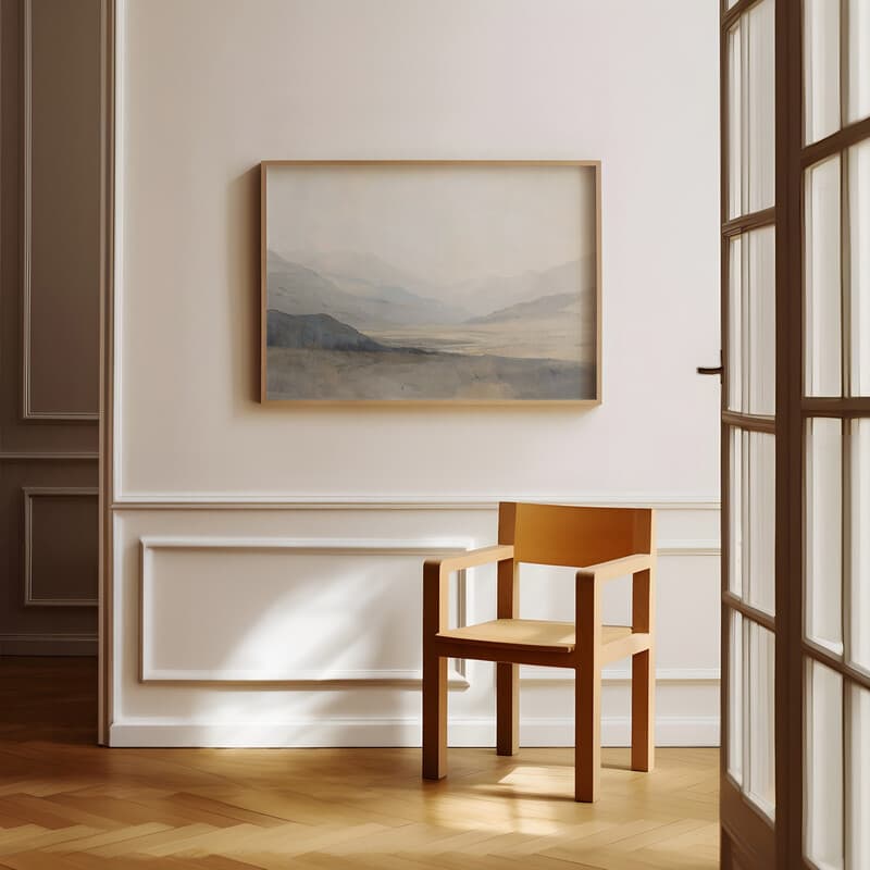 Room view with a full frame of A japandi oil painting, mountain landscape