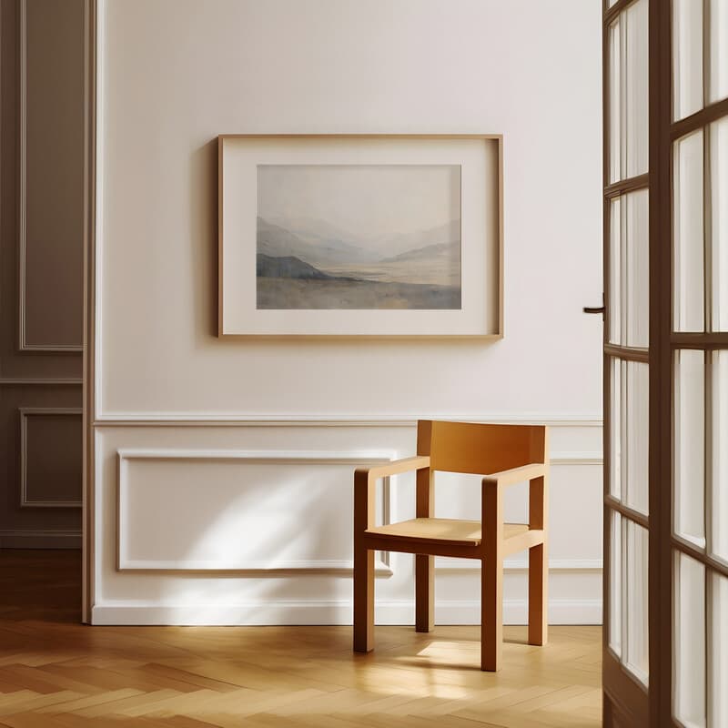 Room view with a matted frame of A japandi oil painting, mountain landscape