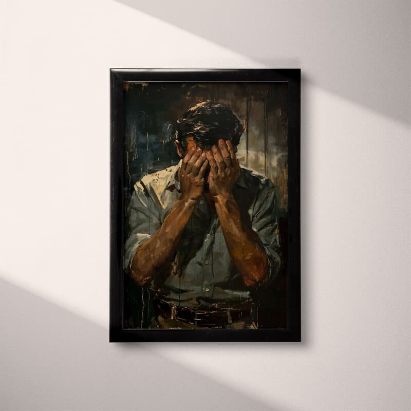 Full frame view of A mid-century oil painting, a man covering his eyes