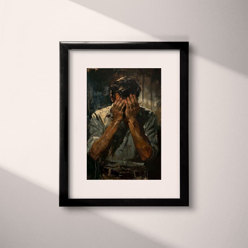 Matted frame view of A mid-century oil painting, a man covering his eyes