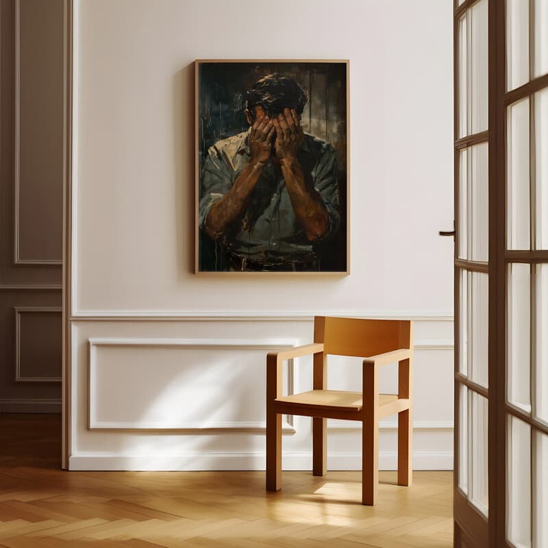 Room view with a full frame of A mid-century oil painting, a man covering his eyes