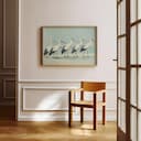 Room view with a full frame of A vintage pastel pencil illustration, a row of storks