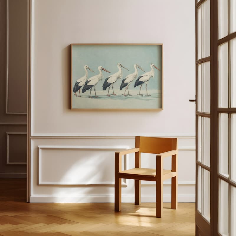 Room view with a full frame of A vintage pastel pencil illustration, a row of storks