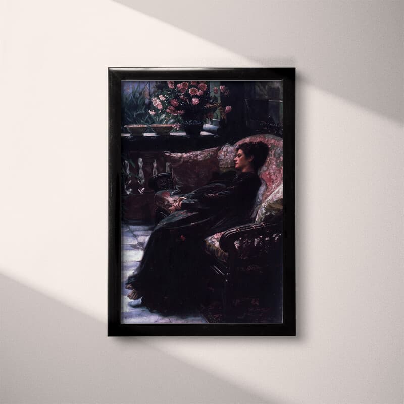 Full frame view of A vintage oil painting, a woman laying on a chaise, side view