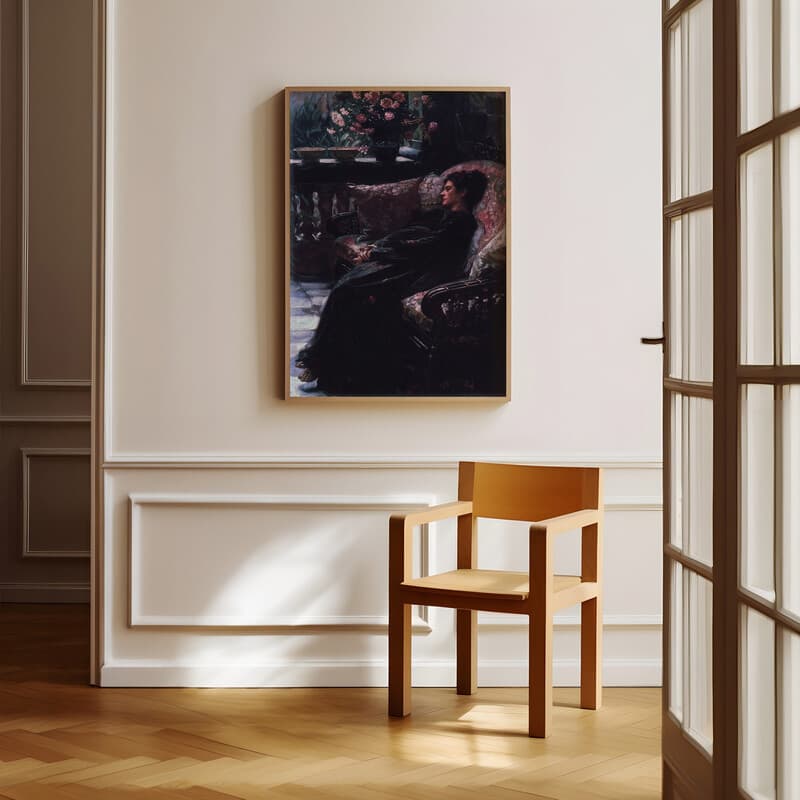 Room view with a full frame of A vintage oil painting, a woman laying on a chaise, side view