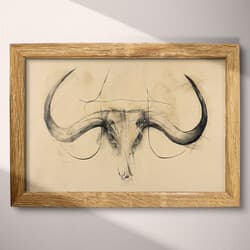 Bull Horns Art | Animal Wall Art | Animals Print | Beige, Black and Brown Decor | Vintage Wall Decor | Office Digital Download | Autumn Art | Graphite Sketch