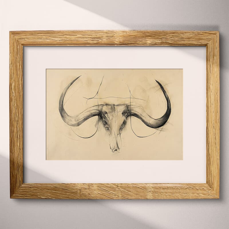 Matted frame view of A vintage graphite sketch, bull horns