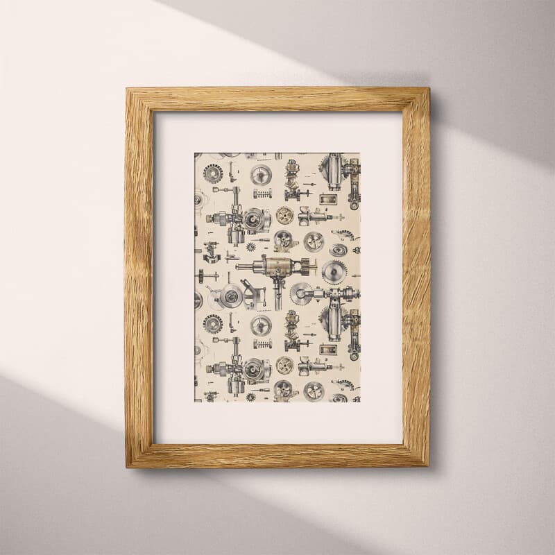 Matted frame view of An industrial textile print, machinery pattern