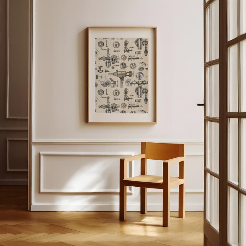 Room view with a matted frame of An industrial textile print, machinery pattern