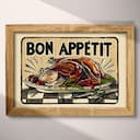 Full frame view of A vintage linocut print, the words "BON APPETIT" with a roast turkey and checkered tablecloth