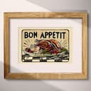 Matted frame view of A vintage linocut print, the words "BON APPETIT" with a roast turkey and checkered tablecloth