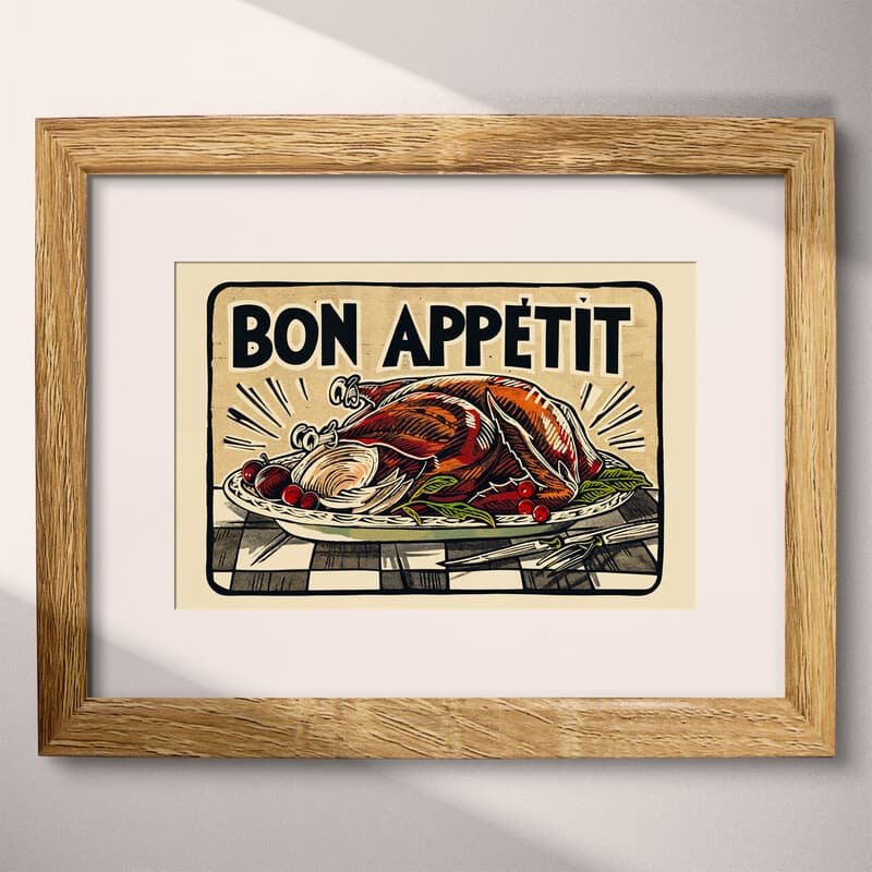 Matted frame view of A vintage linocut print, the words "BON APPETIT" with a roast turkey and checkered tablecloth