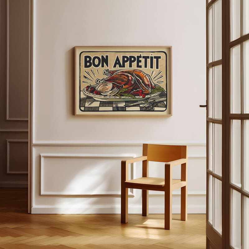 Room view with a full frame of A vintage linocut print, the words "BON APPETIT" with a roast turkey and checkered tablecloth