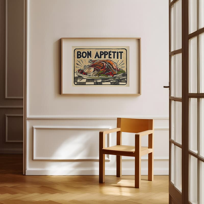 Room view with a matted frame of A vintage linocut print, the words "BON APPETIT" with a roast turkey and checkered tablecloth