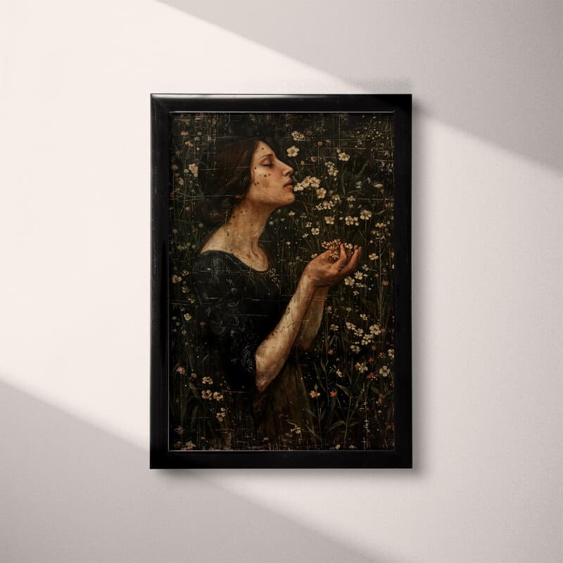 Full frame view of A vintage oil painting, a woman smelling flowers in a garden