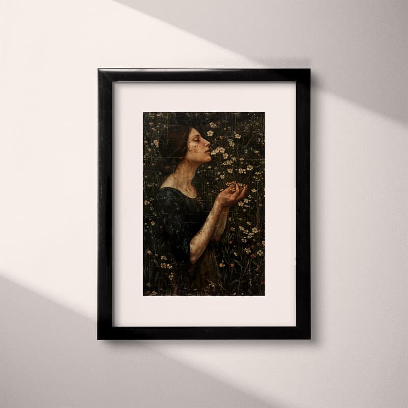 Matted frame view of A vintage oil painting, a woman smelling flowers in a garden