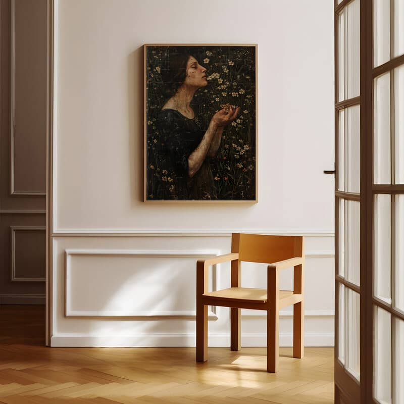 Room view with a full frame of A vintage oil painting, a woman smelling flowers in a garden