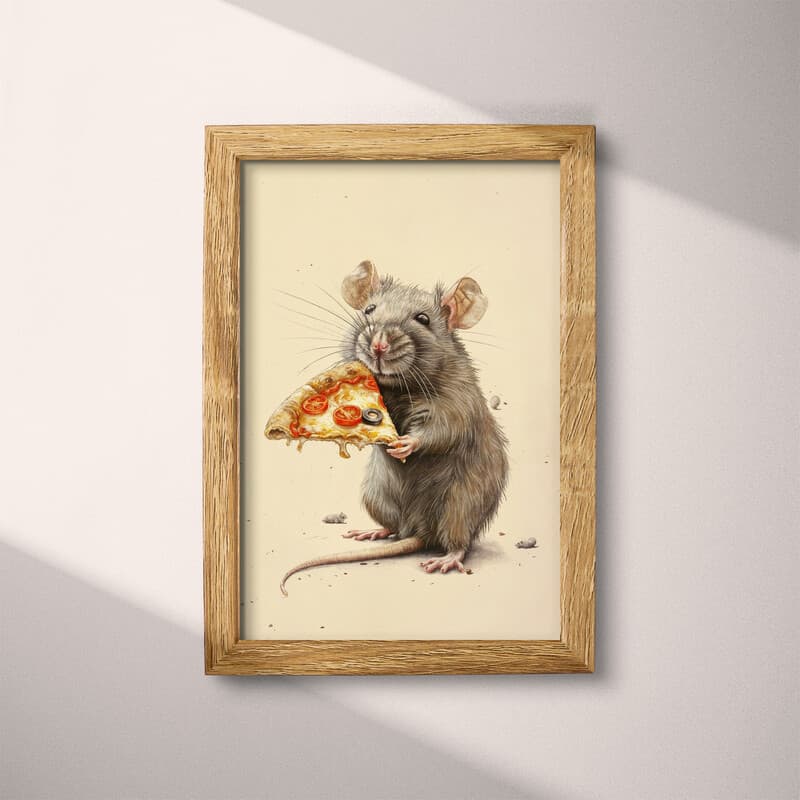 Full frame view of A contemporary pastel pencil illustration, a rat with a slice of pizza