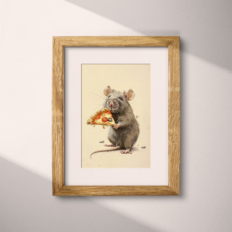 Matted frame view of A contemporary pastel pencil illustration, a rat with a slice of pizza