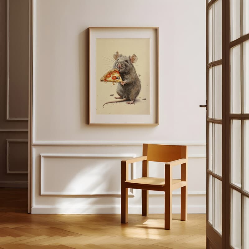 Room view with a matted frame of A contemporary pastel pencil illustration, a rat with a slice of pizza