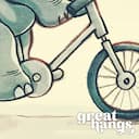 Closeup view of A cute chibi anime illustration with simple shapes, an elephant on a bicycle, side view