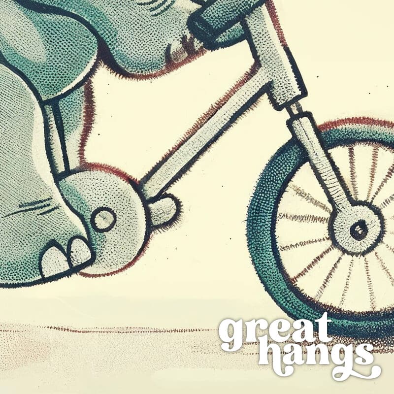 Closeup view of A cute chibi anime illustration with simple shapes, an elephant on a bicycle, side view