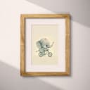 Matted frame view of A cute chibi anime illustration with simple shapes, an elephant on a bicycle, side view
