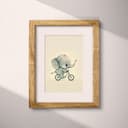 Matted frame view of A cute chibi anime illustration with simple shapes, an elephant on a bicycle, side view