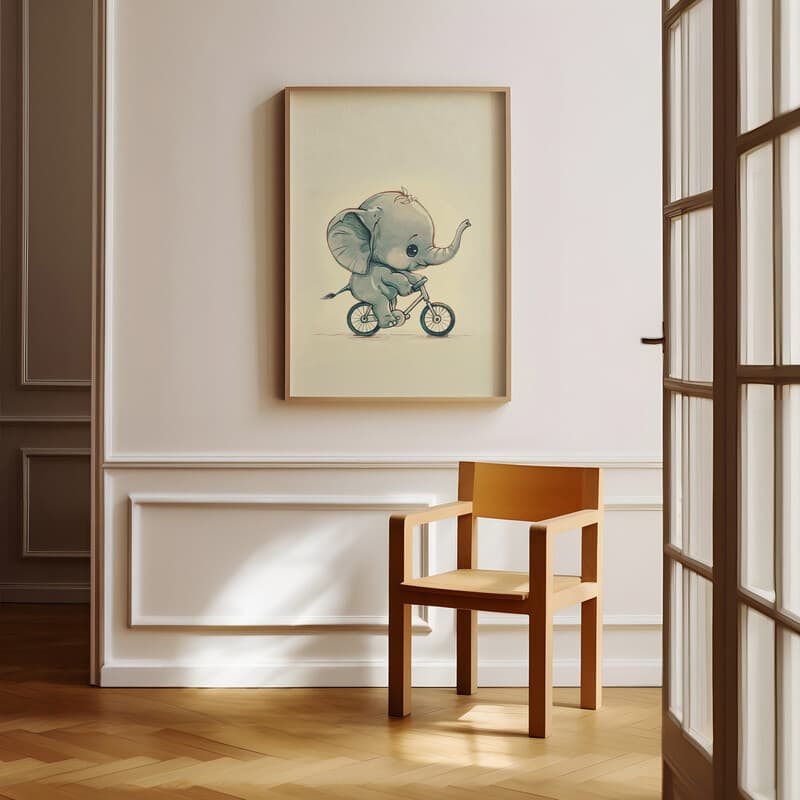 Room view with a full frame of A cute chibi anime illustration with simple shapes, an elephant on a bicycle, side view