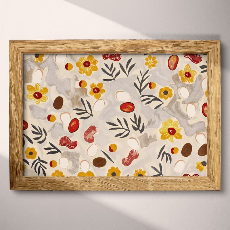 Full frame view of A farmhouse textile print, pattern of bacon and eggs