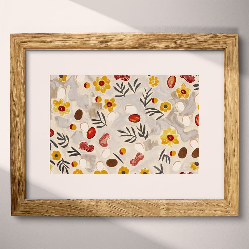 Matted frame view of A farmhouse textile print, pattern of bacon and eggs