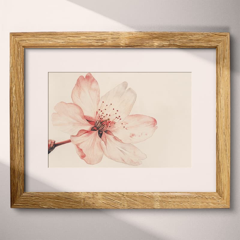 Matted frame view of A japandi pastel pencil illustration, a cherry blossom