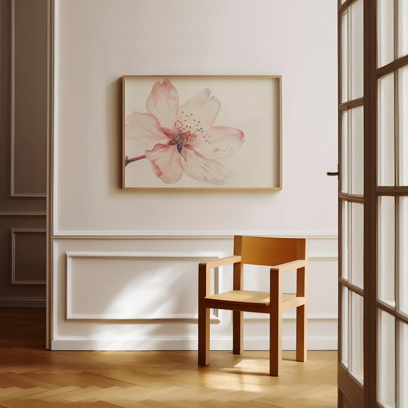Room view with a full frame of A japandi pastel pencil illustration, a cherry blossom