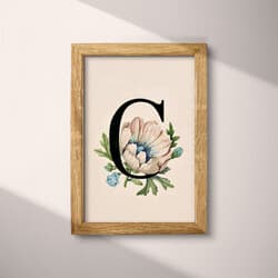 Letter C Digital Download | Typography Wall Decor | Flowers Decor | White, Black, Brown and Green Print | Vintage Wall Art | Nursery Art | Back To School Digital Download | Spring Wall Decor | Pastel Pencil Illustration