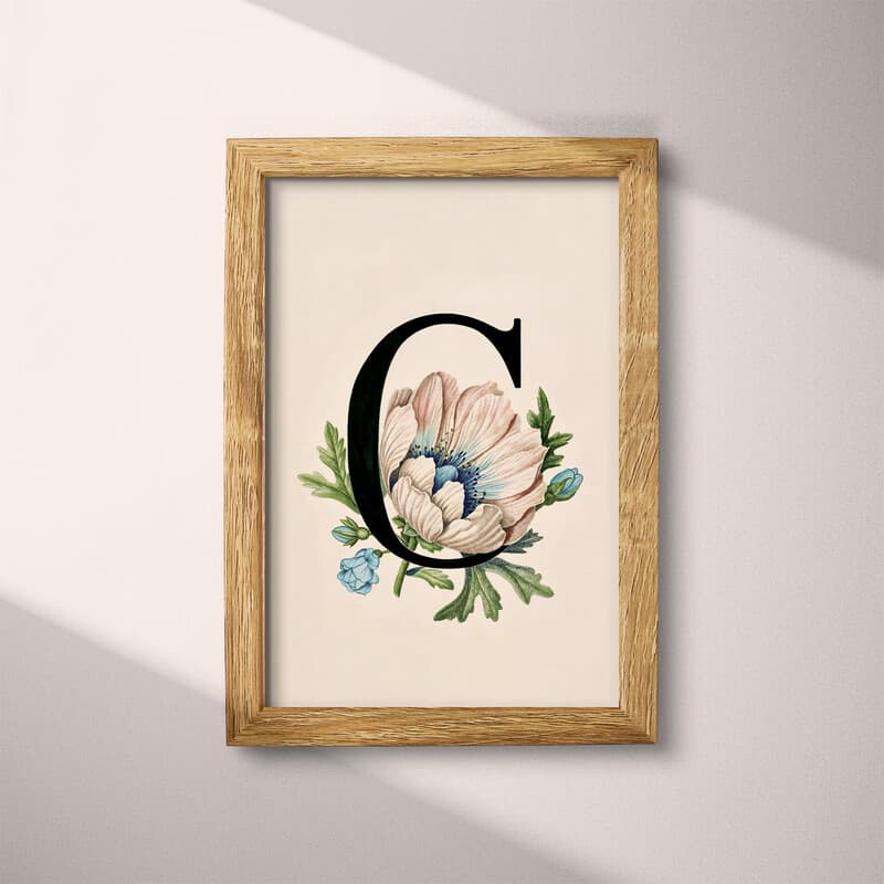 Full frame view of A vintage pastel pencil illustration, the letter "C" with a flower