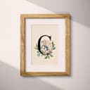 Matted frame view of A vintage pastel pencil illustration, the letter "C" with a flower