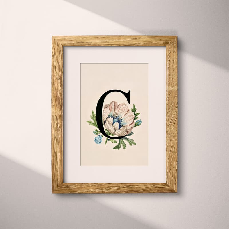 Matted frame view of A vintage pastel pencil illustration, the letter "C" with a flower