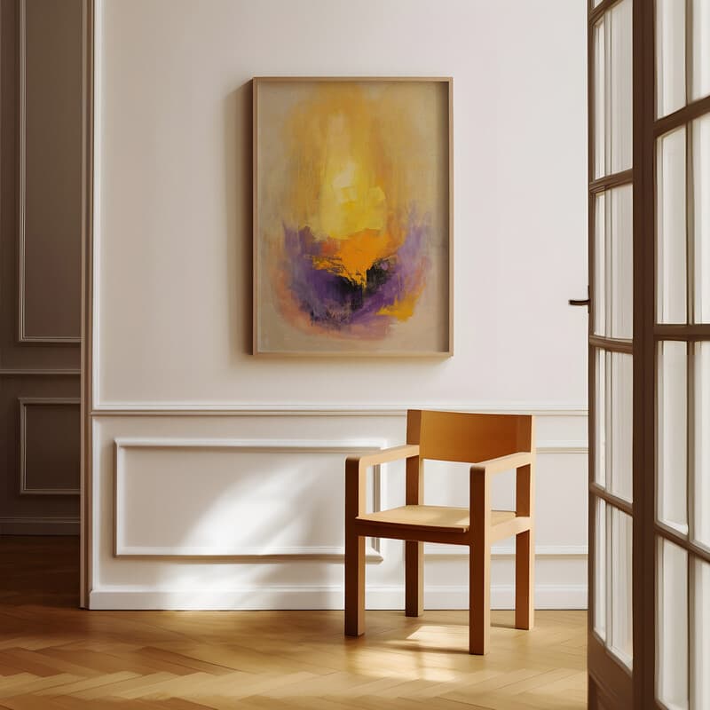 Room view with a full frame of An abstract impressionist oil painting, a sunset