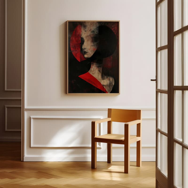 Room view with a full frame of An abstract vintage oil painting, a fashionable woman