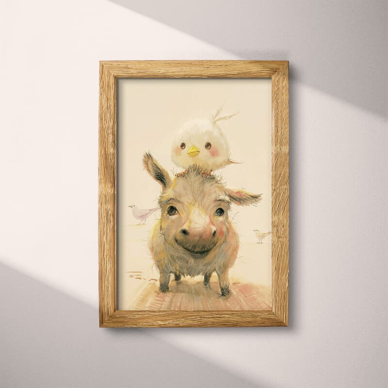 Full frame view of A cute chibi anime pastel pencil illustration, a bird on top of a donkey