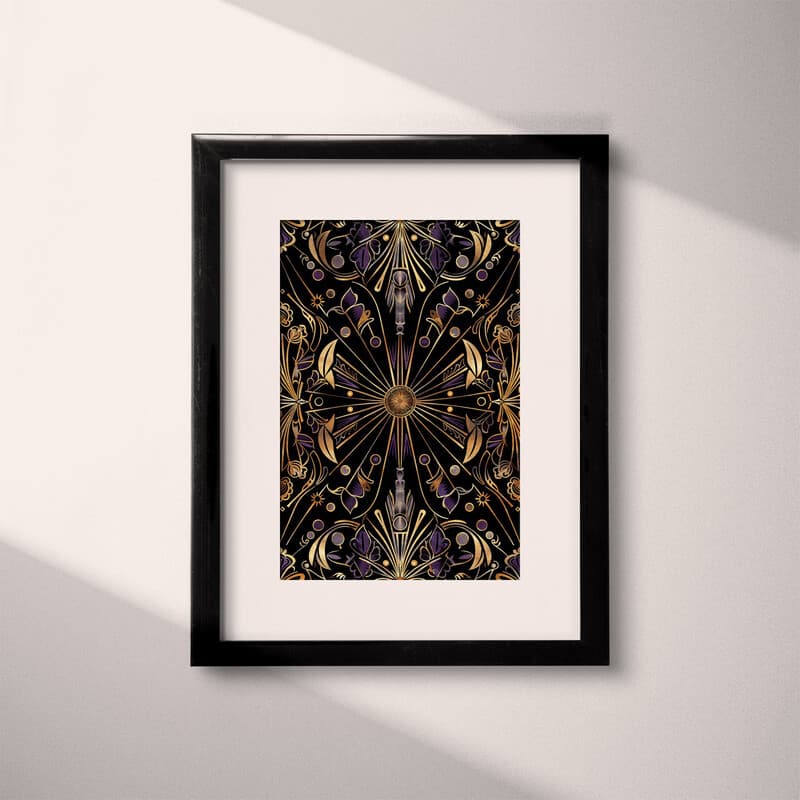 Matted frame view of An art deco textile print, symmetric intricate pattern