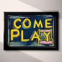 Full frame view of A vintage linocut print, the words "COME PLAY" with an arcade machine