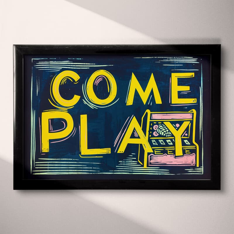 Full frame view of A vintage linocut print, the words "COME PLAY" with an arcade machine