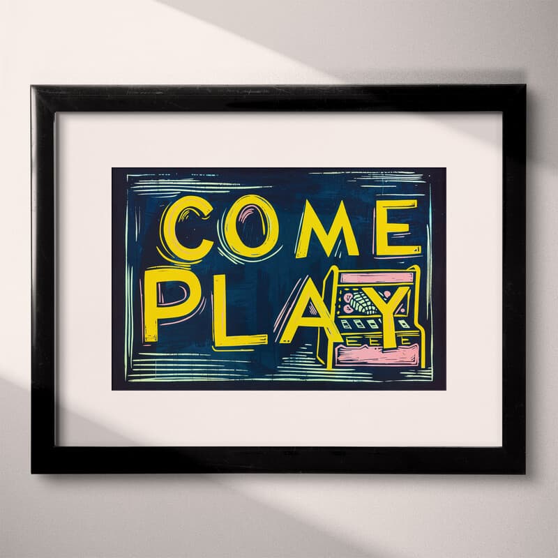 Matted frame view of A vintage linocut print, the words "COME PLAY" with an arcade machine