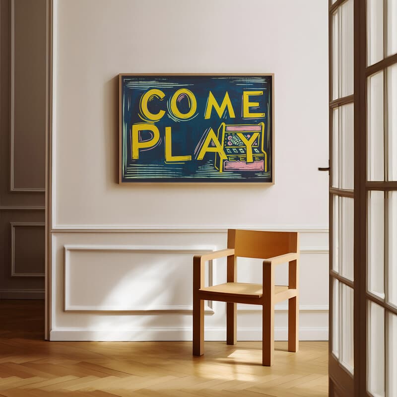 Room view with a full frame of A vintage linocut print, the words "COME PLAY" with an arcade machine